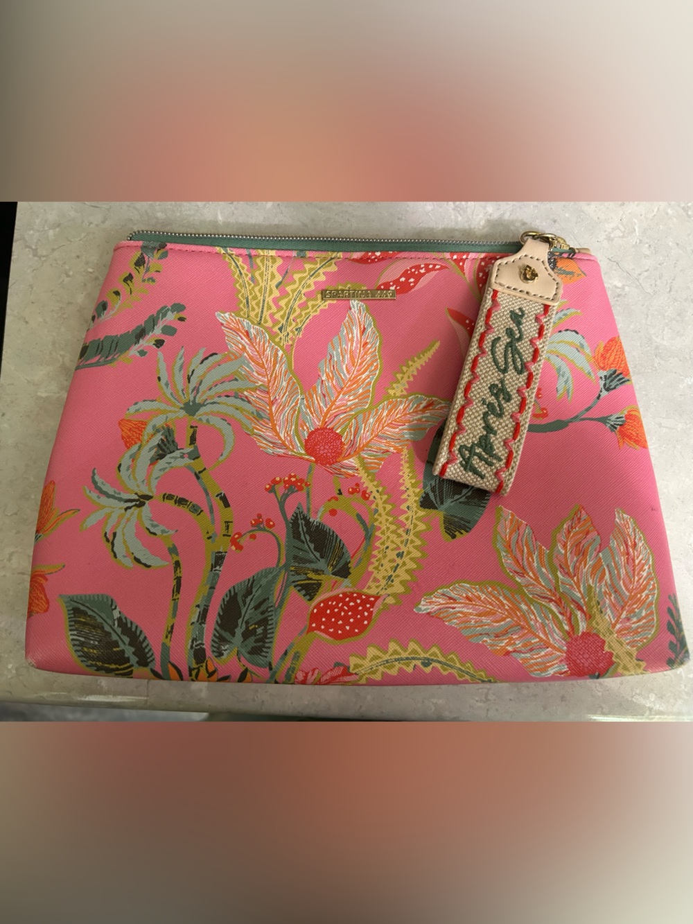 Spartina 449 Apres Sea Pink Tropical Floral Zip Pouch clutch cosmetics bag